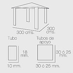 DATOS TÉCNICOS          Pérgola papillon plegable.           - Funcional pérgola con estructura de Aluminio, con cubierta de poliester.           - Medidas: 300 x 300 cms.           - Altura: 250 cms.           - Tubos de apoyo de 25x25 mm.           - Chasis 18 x 10 mm.  	